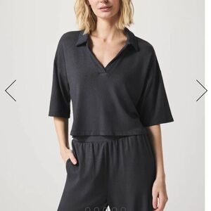 Splendid Brooke Polo short sleeve Vneck soft dark gray size M cropped boxy fit